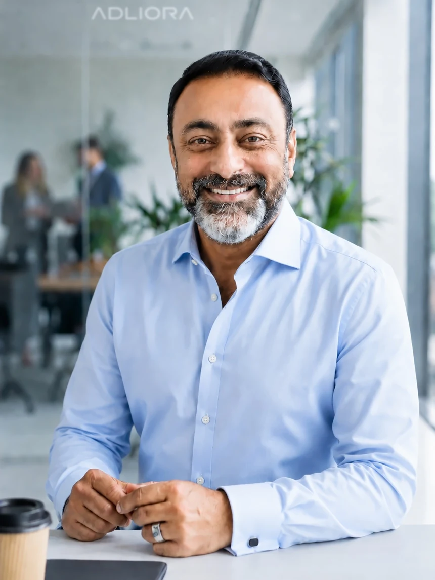 Saqib Khan, CEO of Adliora, at his desk with the Adliora name on the meeting room glass behind him