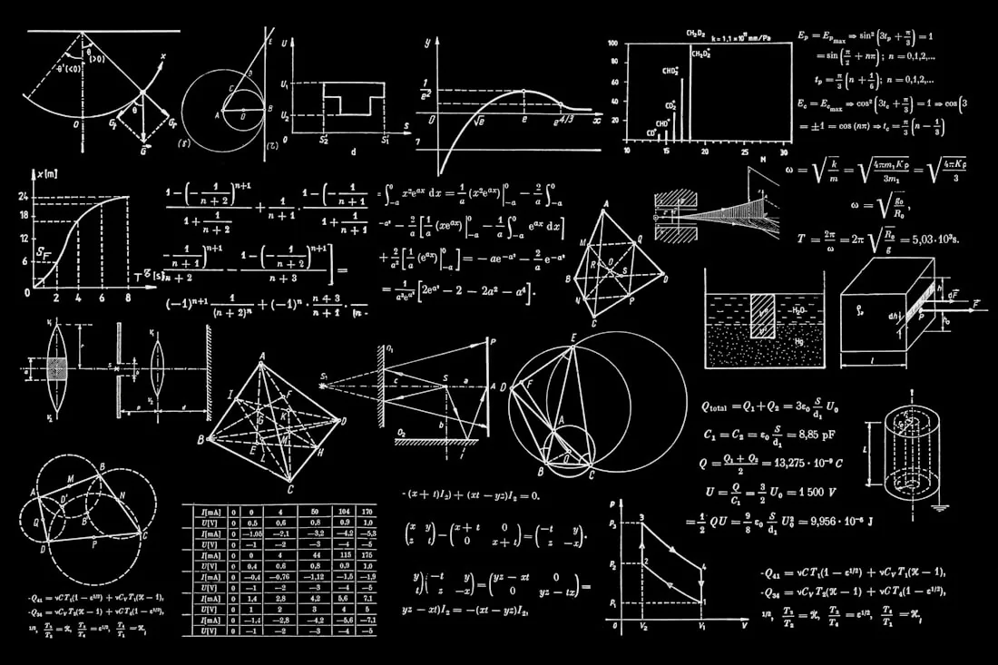 A blackboard covered in mathematical formulae and diagrams