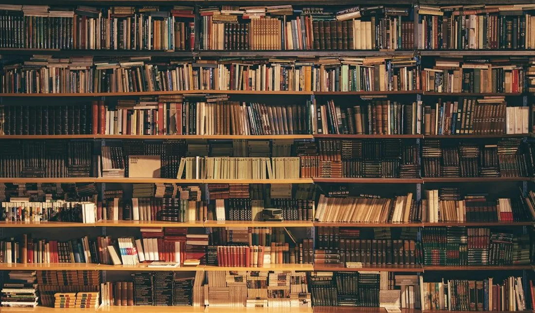 Floor-to-ceiling library shelves packed with legal and reference books