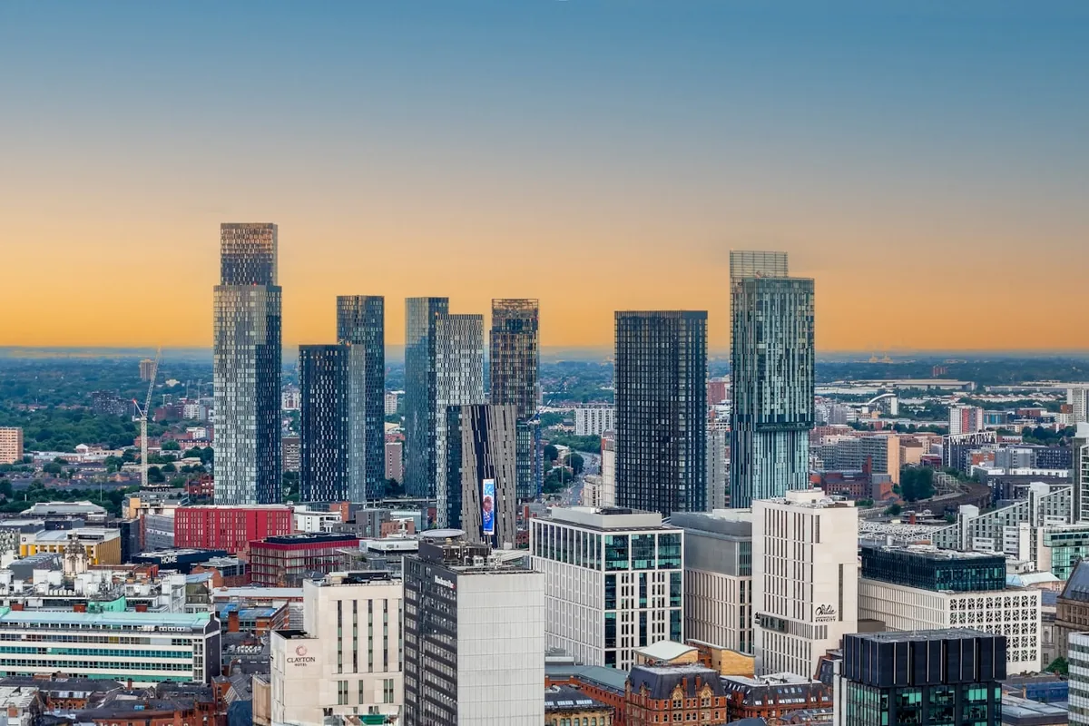 The Manchester skyline at dusk